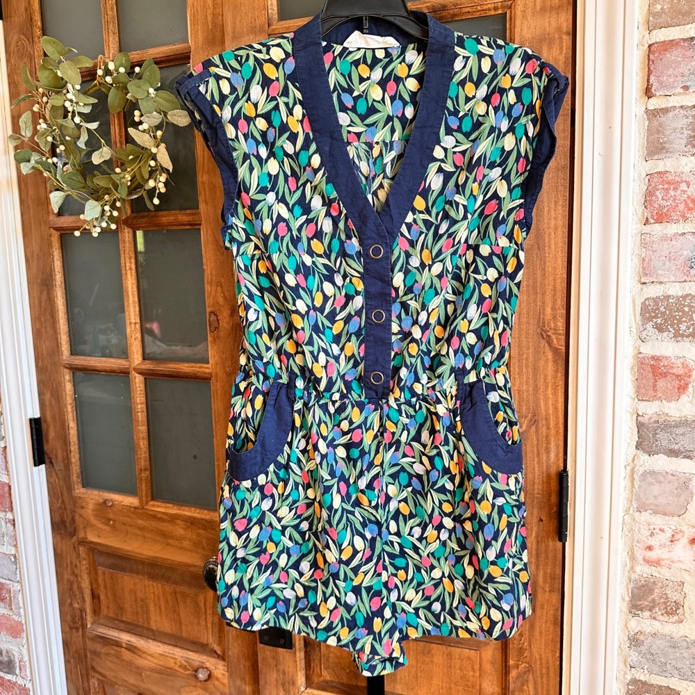 Lilka Anthro Romper Women Navy Tulip Print Button Cottagecore Boho Casual XS/S